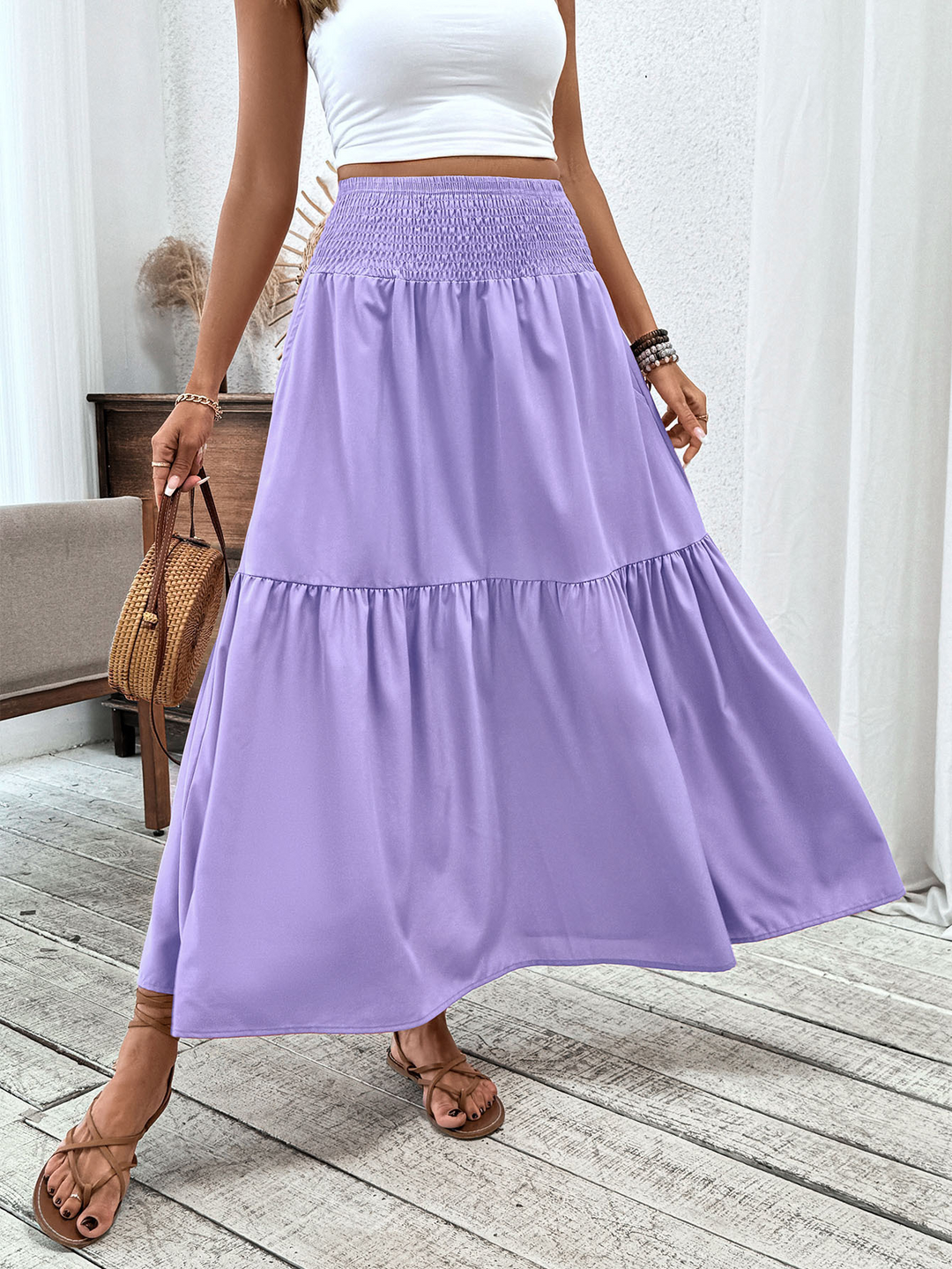 Floral print three-layer patchwork long skirt