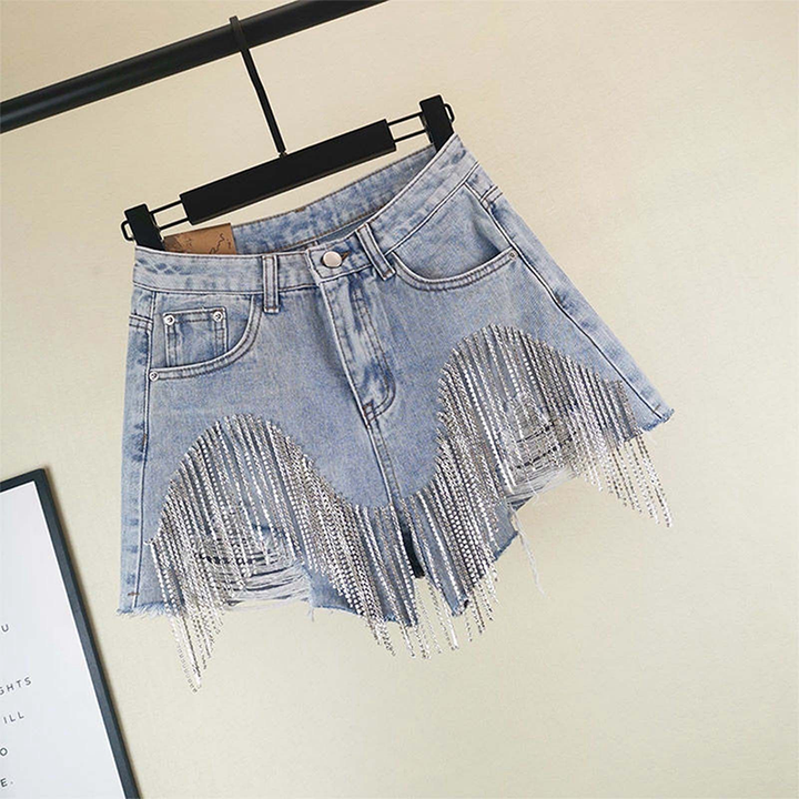 Stylish Distressed Denim Shorts with Fringes and Chains