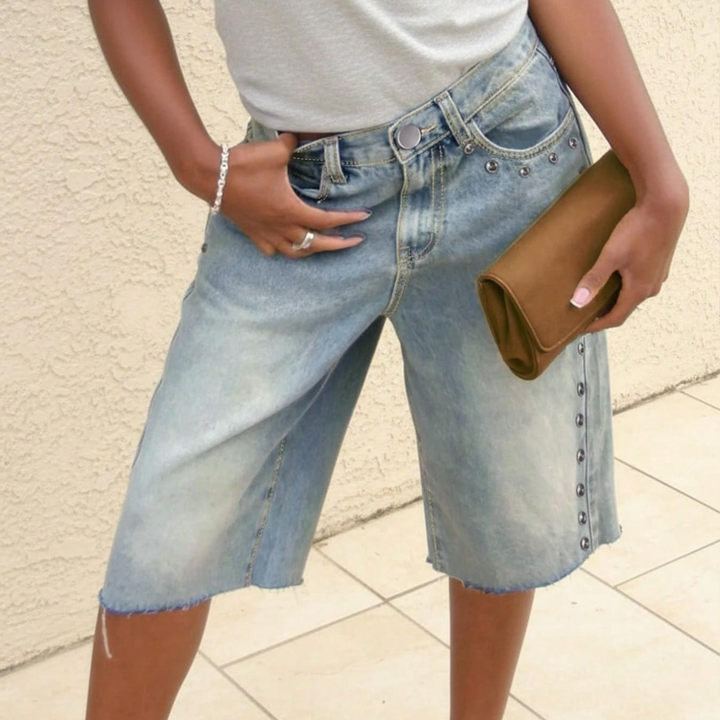 Vintage Washed Studded Knee Length Denim Shorts