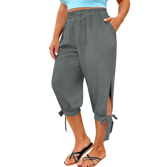 Slit tie-up cropped casual pants