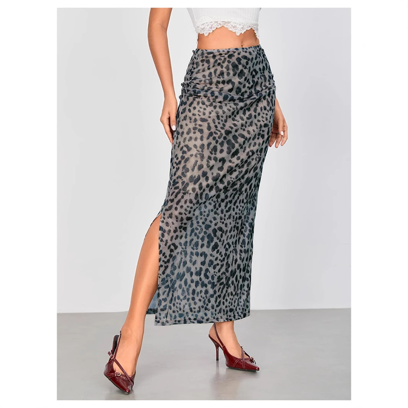 Leopard Mesh High-Slit Maxi Skirt