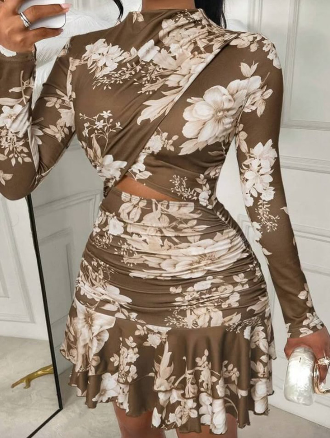 Printed long-sleeved ruffled slim-fit mini skirt