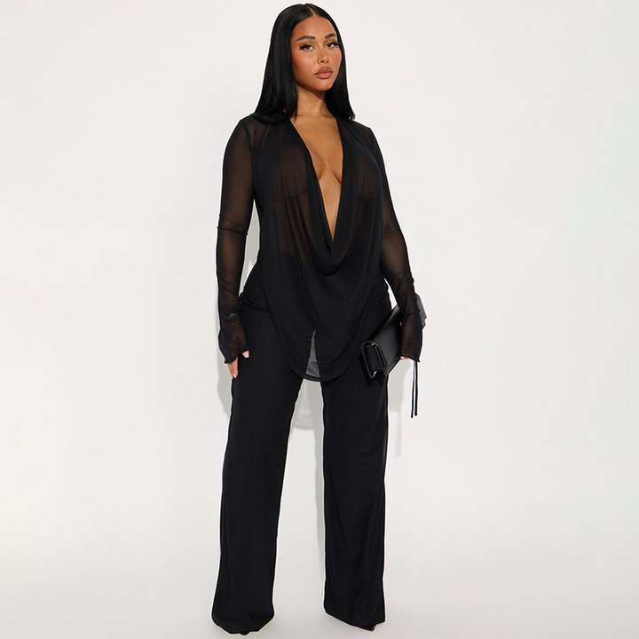 Deep V-neck flared pants set with ruffled trim