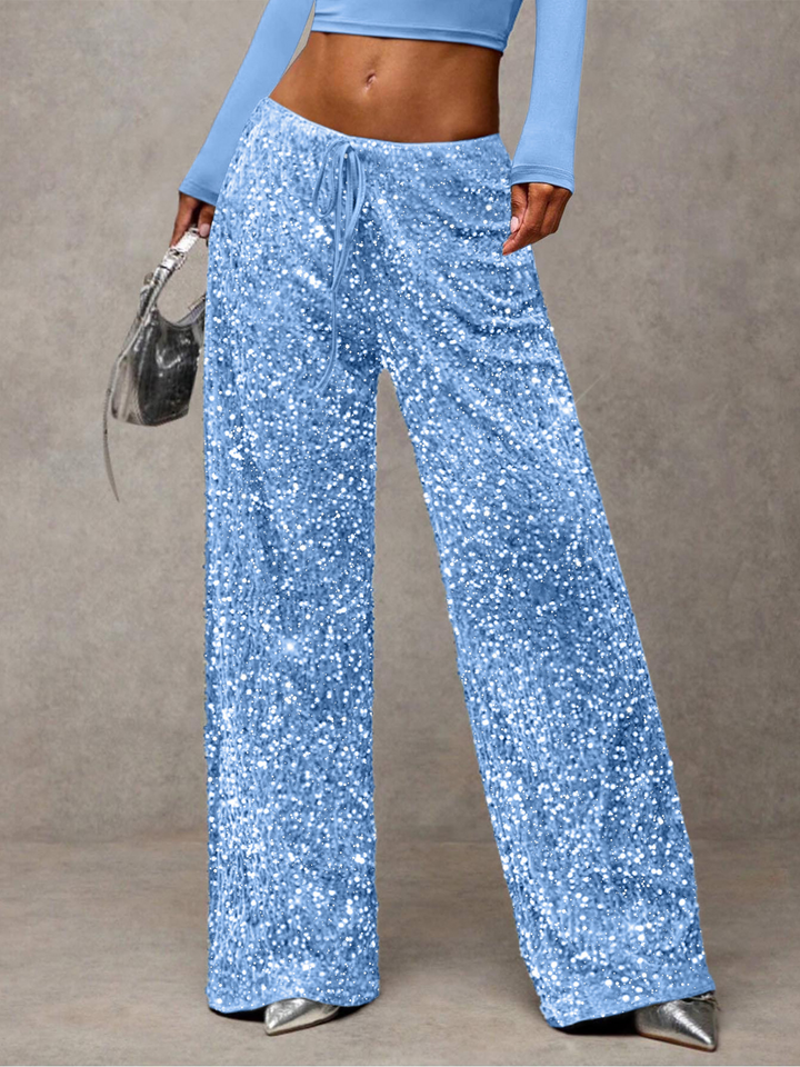 Sequined drawstring stretch straight leg pants