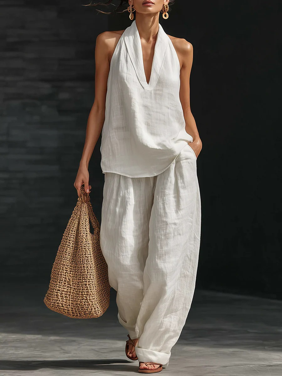 Halberd neck V-neck slimming wide-leg pants set