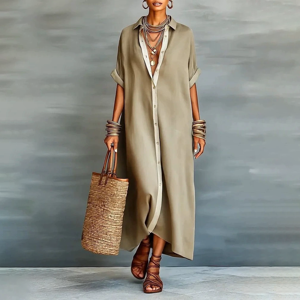 Casual Roll Sleeve Button Down Maxi Shirt Dress