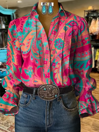 Women's Casual Bubble Sleeve Patterned Shirt