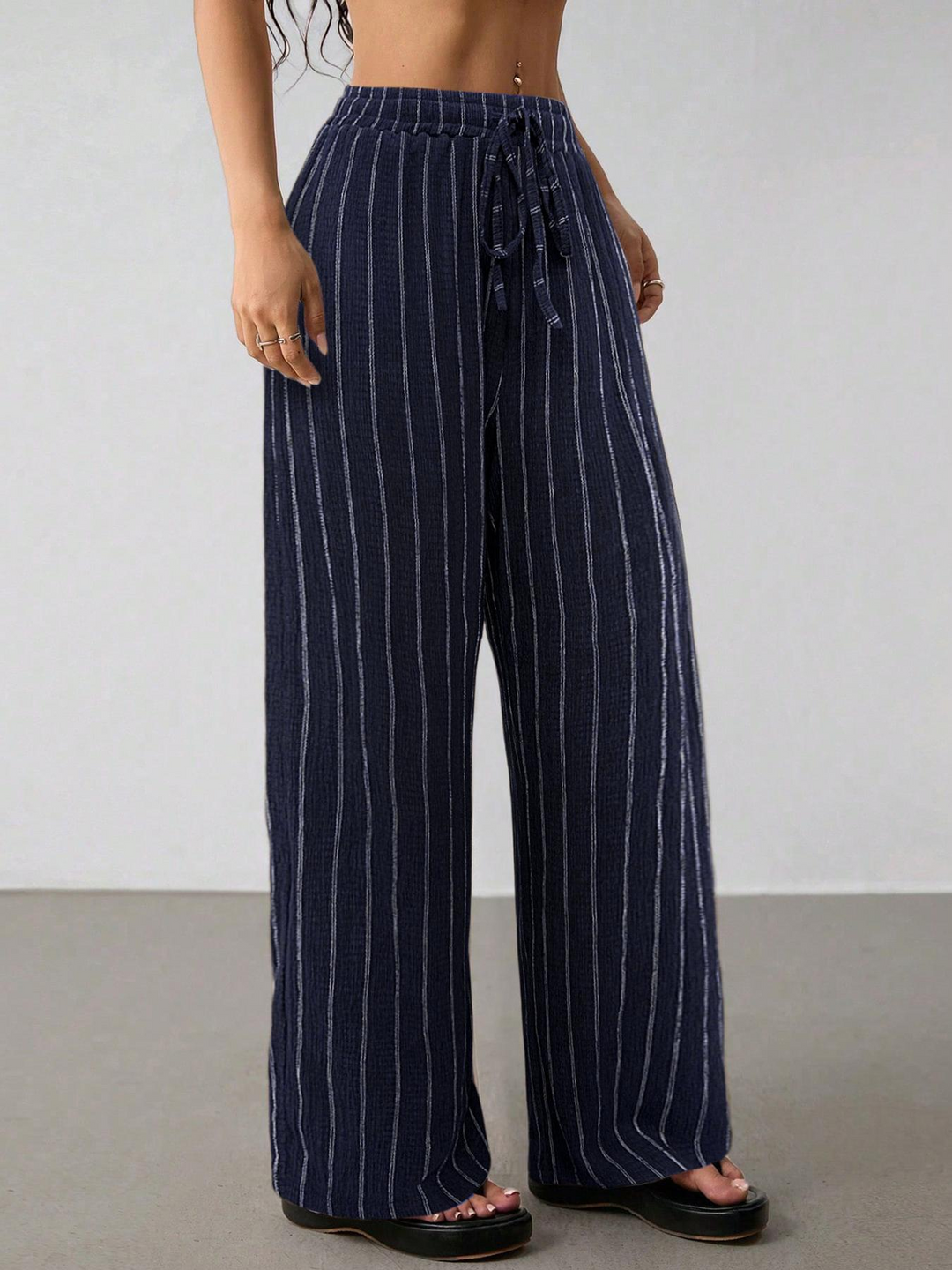 Loose striped drawstring wide-leg pants