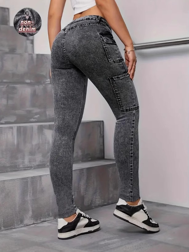 Elastic Digital Printed Faux Jeans