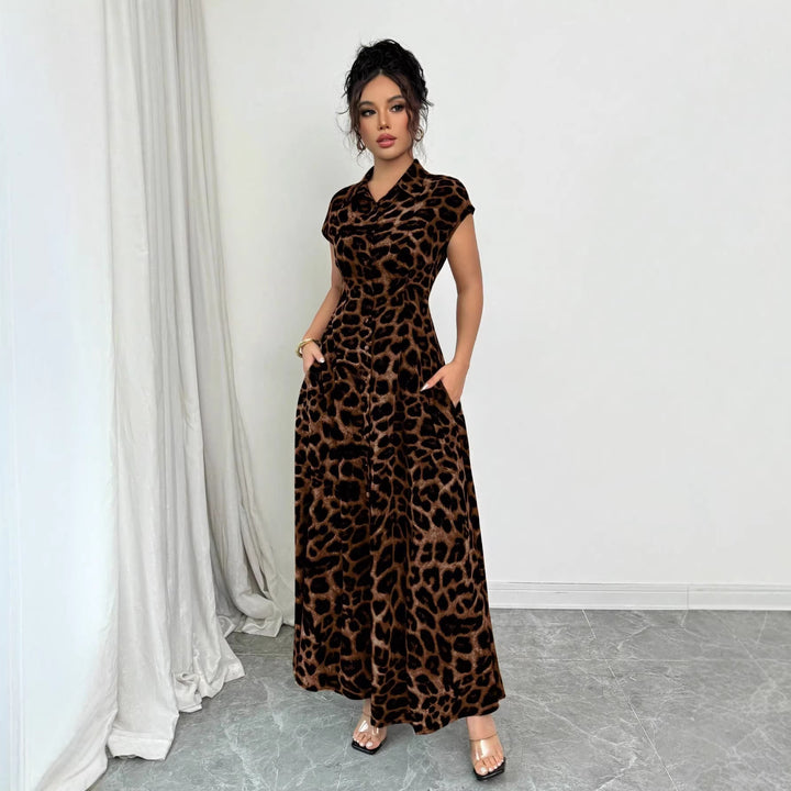 Elegant Leopard Print Lapel Short Sleeve Waist Button Dress for Women
