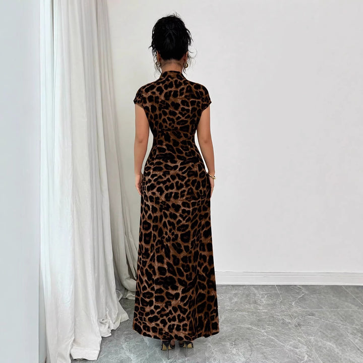 Elegant Leopard Print Lapel Short Sleeve Waist Button Dress for Women