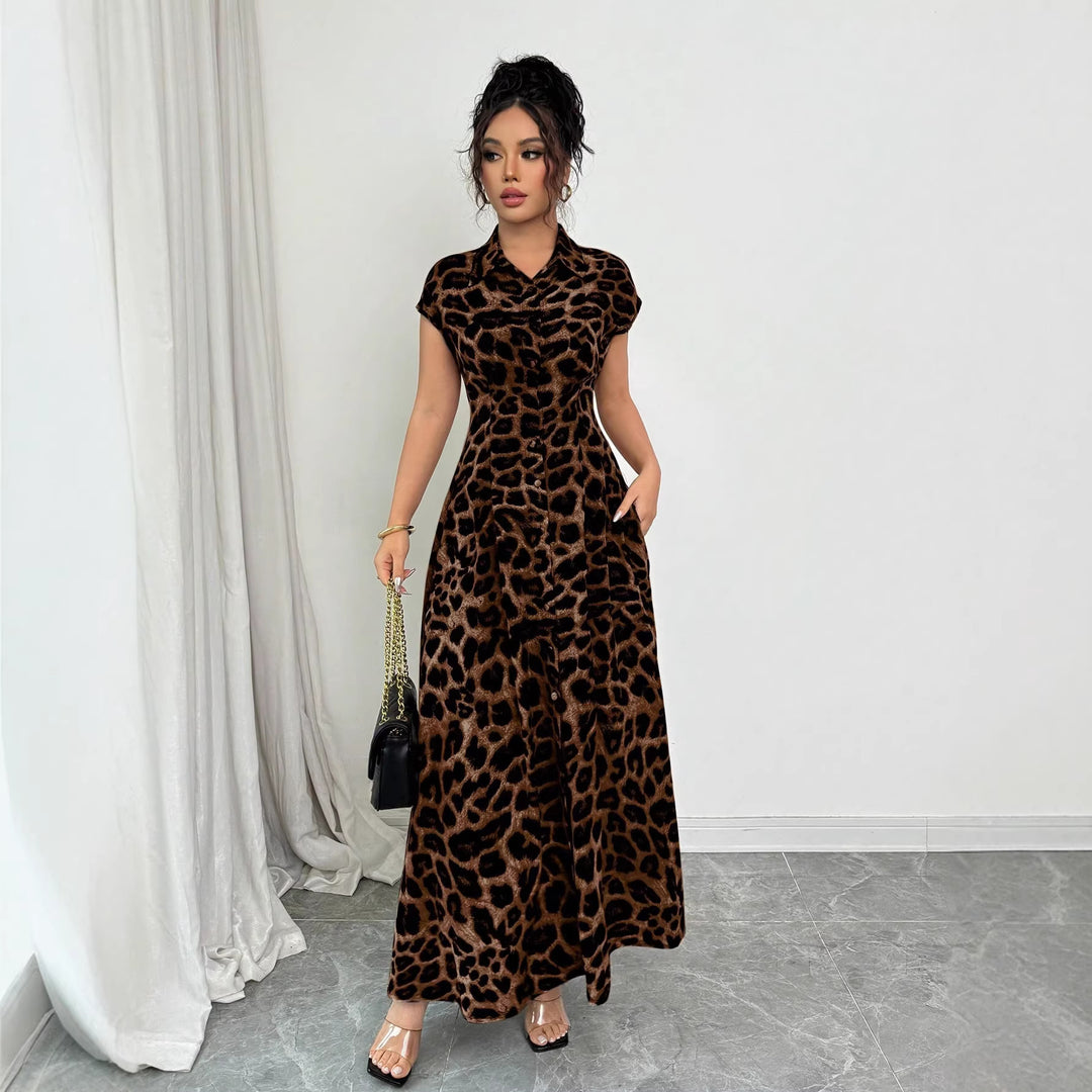 Elegant Leopard Print Lapel Short Sleeve Waist Button Dress for Women