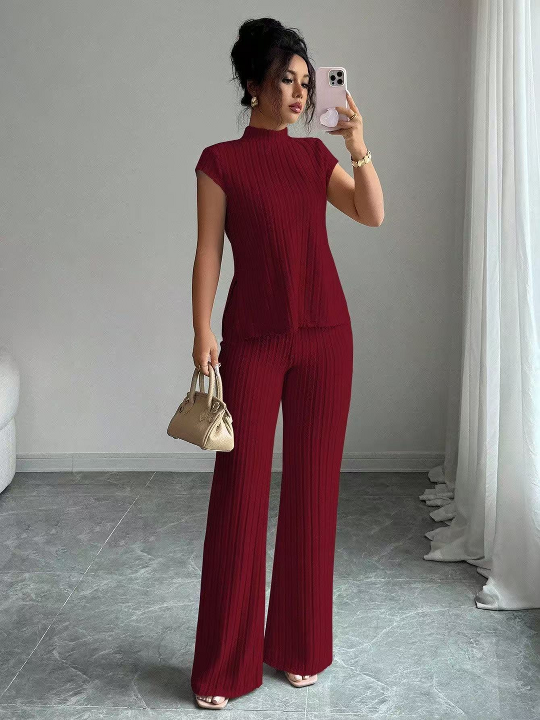 Casual solid color ribbed casual pants suit