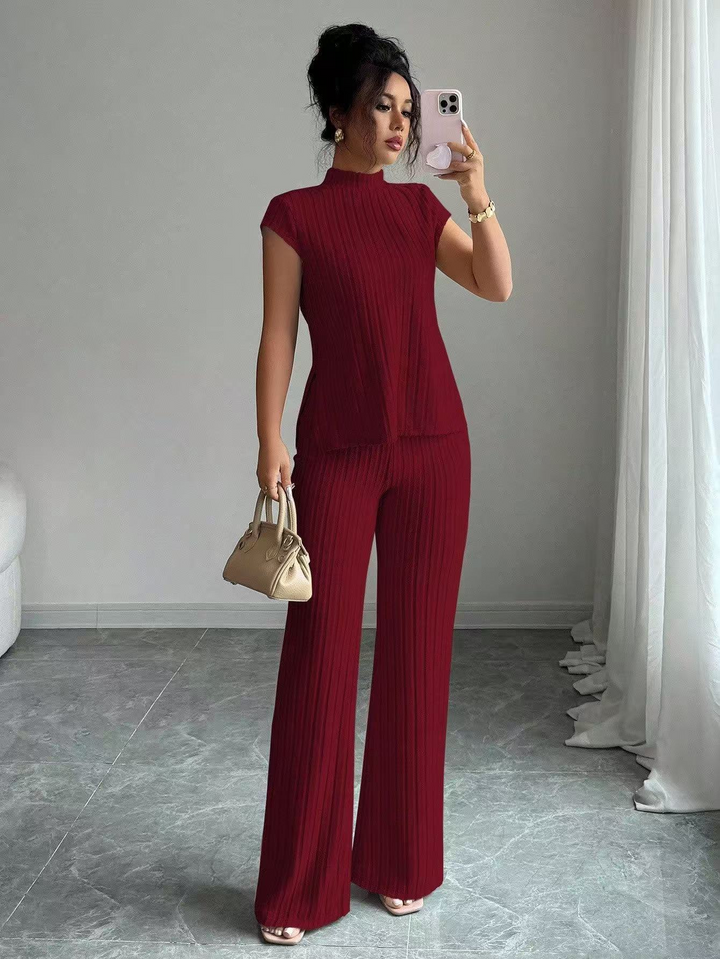Casual solid color ribbed casual pants suit