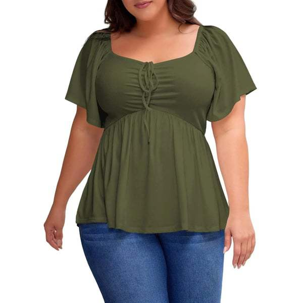U-neck tie-waist puff sleeve top