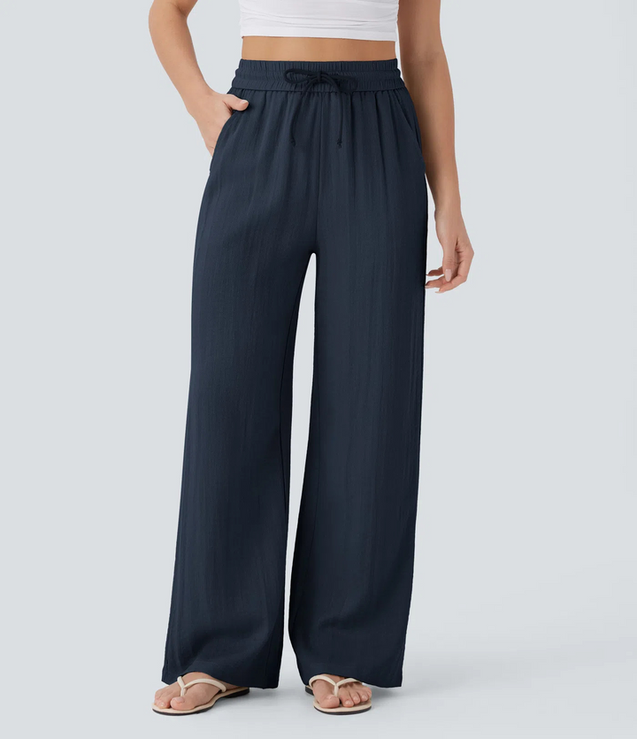 High-waisted drawstring wide-leg pants with side pockets
