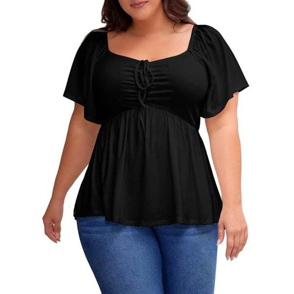 U-neck tie-waist puff sleeve top
