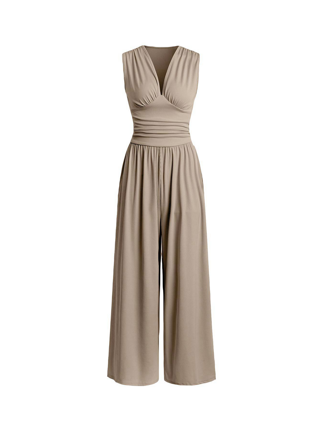 Solid color ribbed striped knit sleeveless jumpsuit