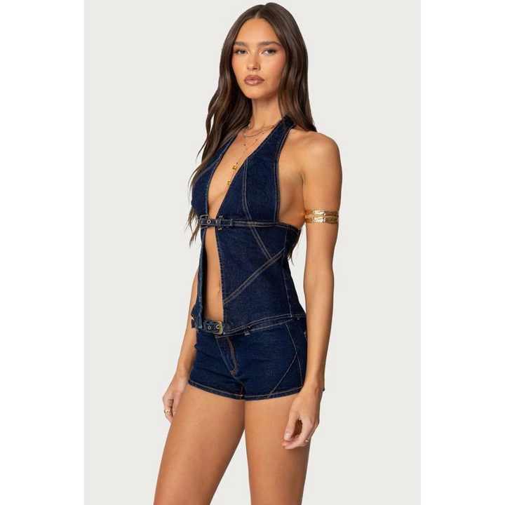 Front-slit denim tank top