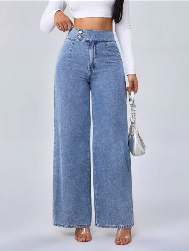 High-waisted double-button straight leg jeans