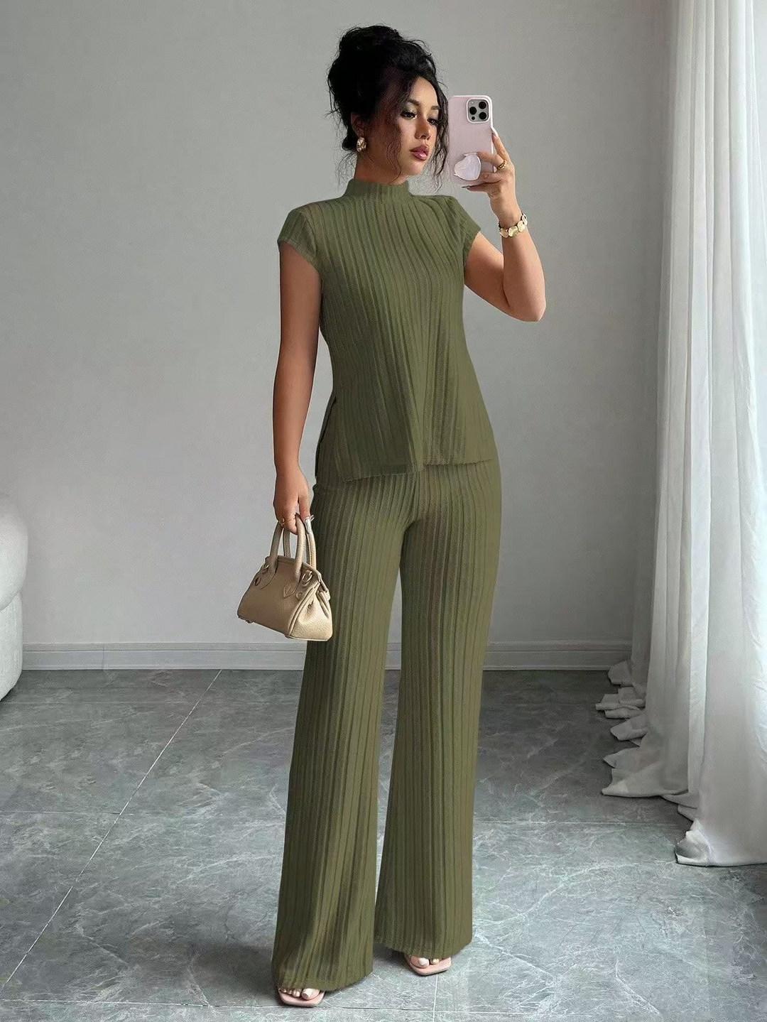Casual solid color ribbed casual pants suit