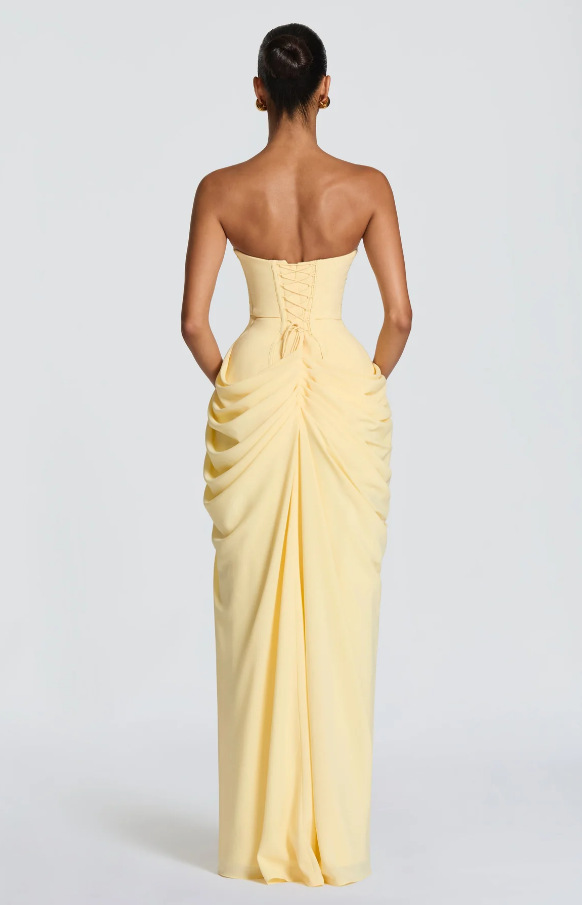 Strapless pleated waist slit dress