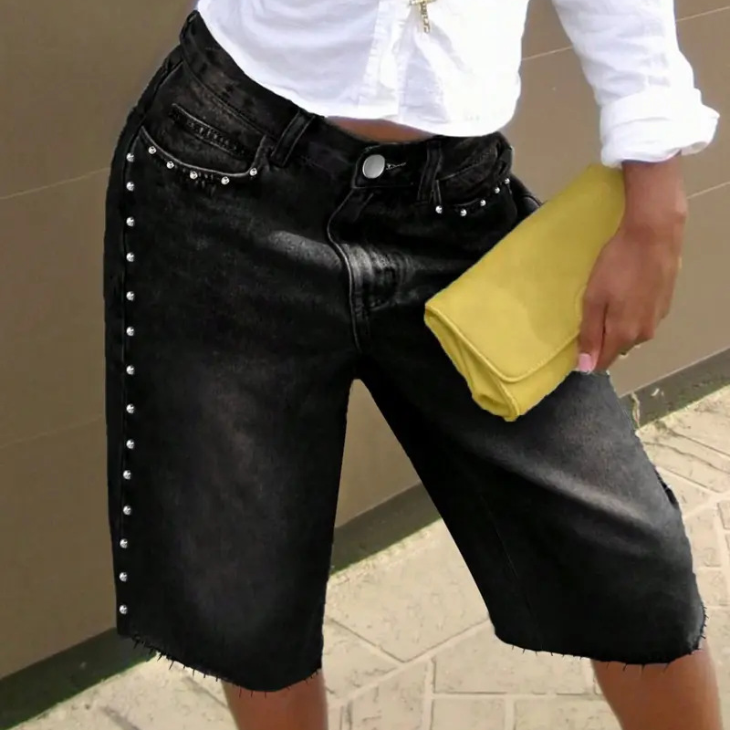 Vintage Washed Studded Knee Length Denim Shorts