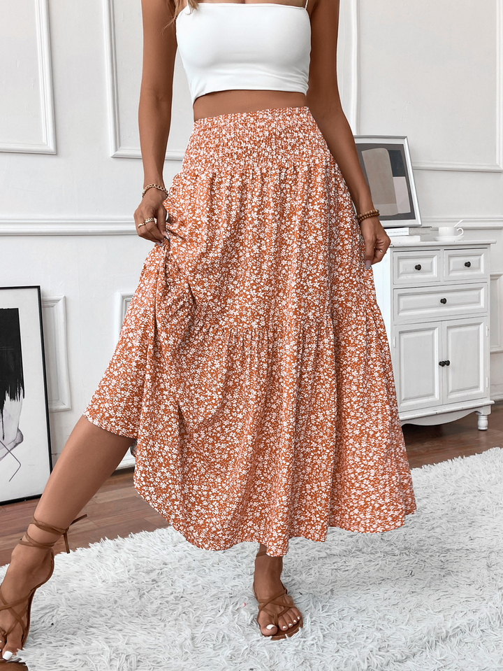 Floral print three-layer patchwork long skirt