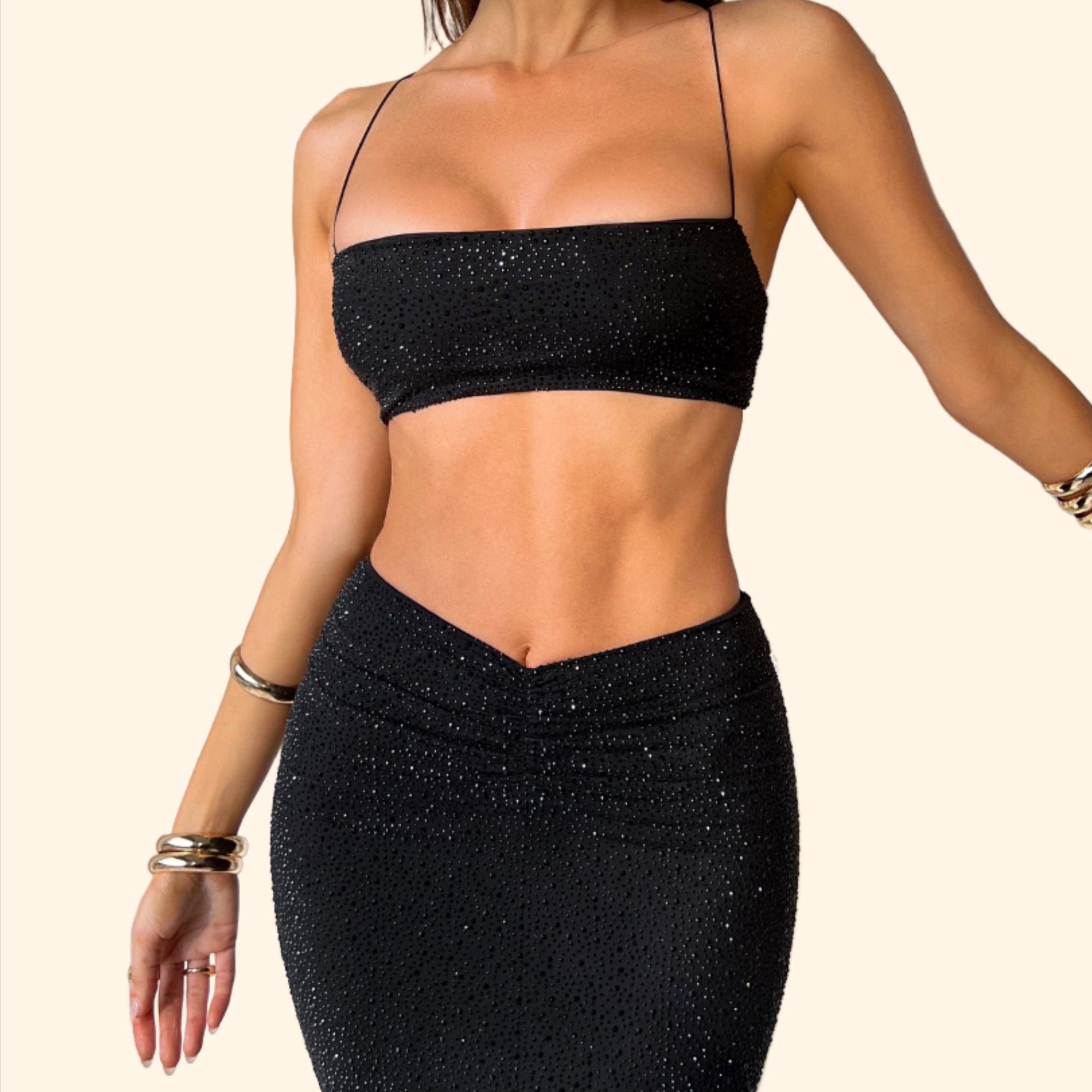 Spaghetti strap short top + half-length skirt solid color luxury glitter set