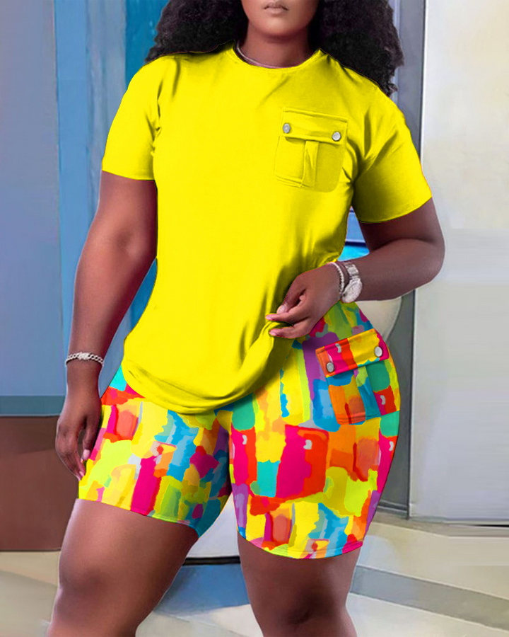 Hollow-out printed short-sleeved two-piece set