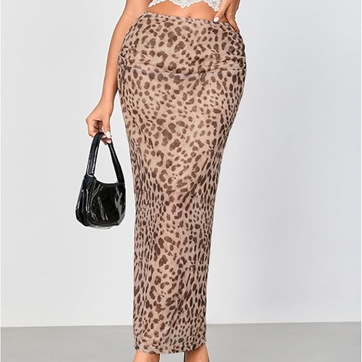 Leopard Mesh High-Slit Maxi Skirt