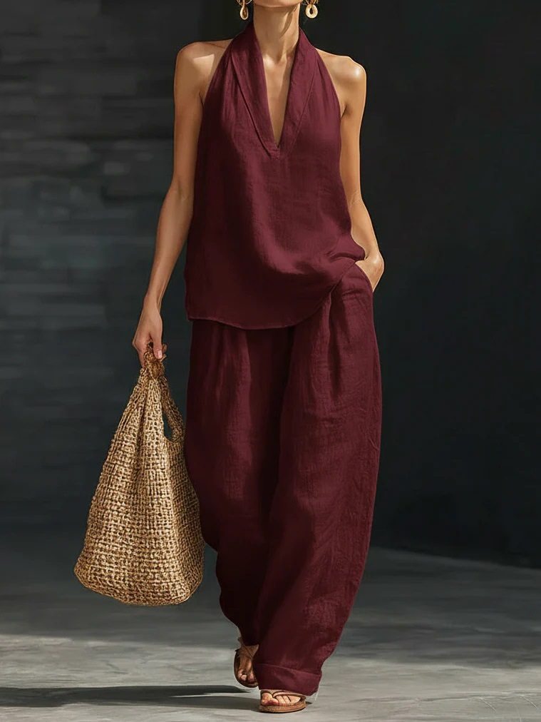 Halberd neck V-neck slimming wide-leg pants set
