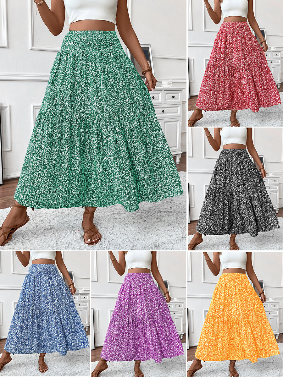 Floral print three-layer patchwork long skirt