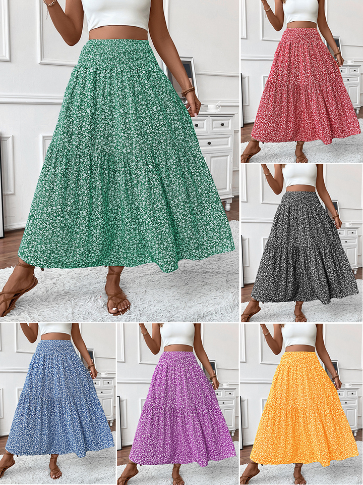 Floral print three-layer patchwork long skirt