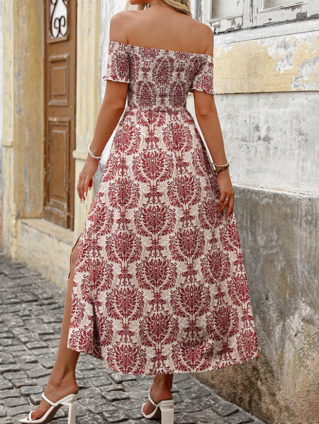 Off-the-shoulder ruffle waist-cinching dress