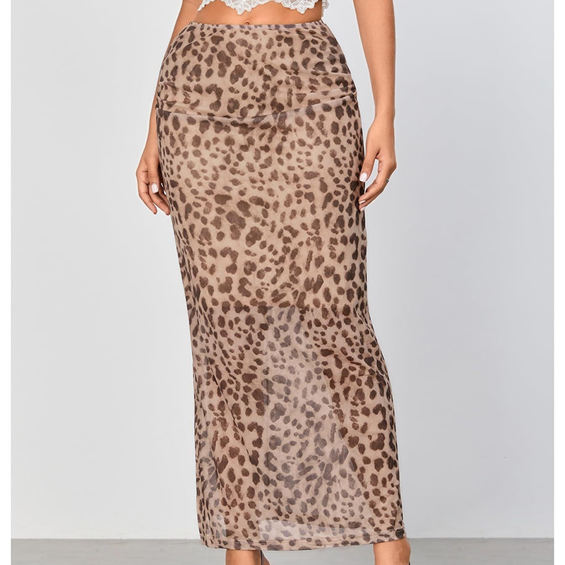 Leopard Mesh High-Slit Maxi Skirt
