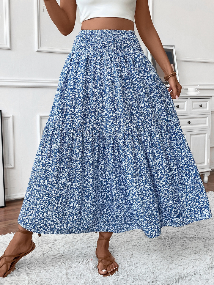 Floral print three-layer patchwork long skirt