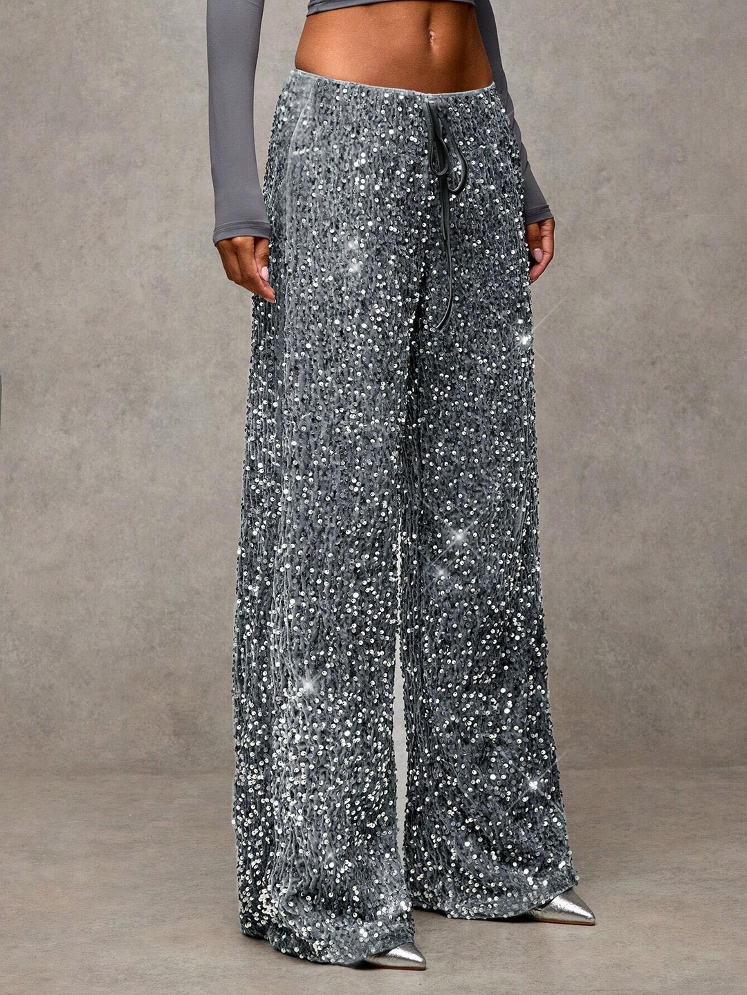 Sequined drawstring stretch straight leg pants