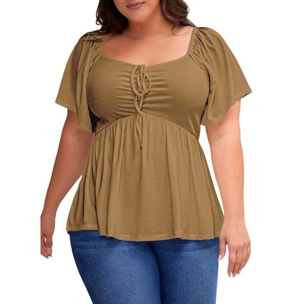 U-neck tie-waist puff sleeve top