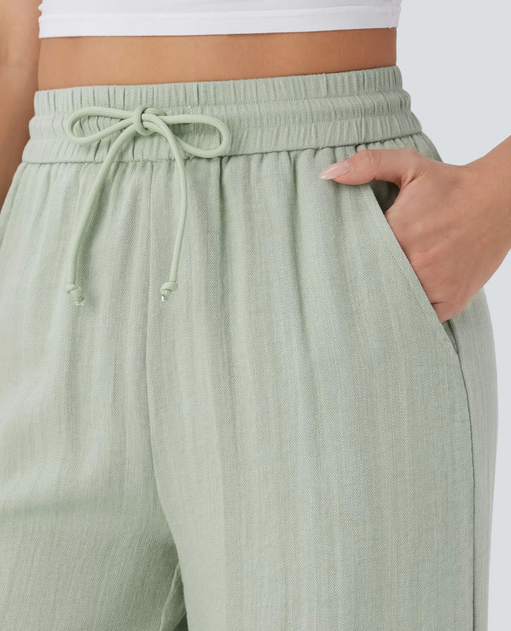 High-waisted drawstring wide-leg pants with side pockets