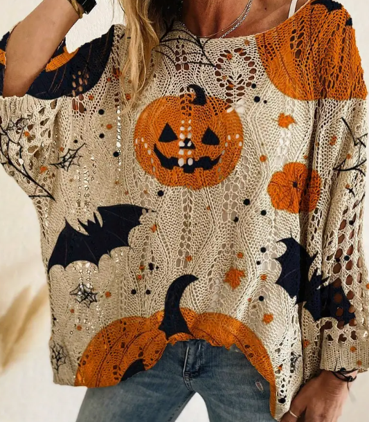 Halloween Pumpkin Print Long-Sleeve Sweater