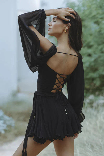 Mesh Long Sleeve Backless Dress