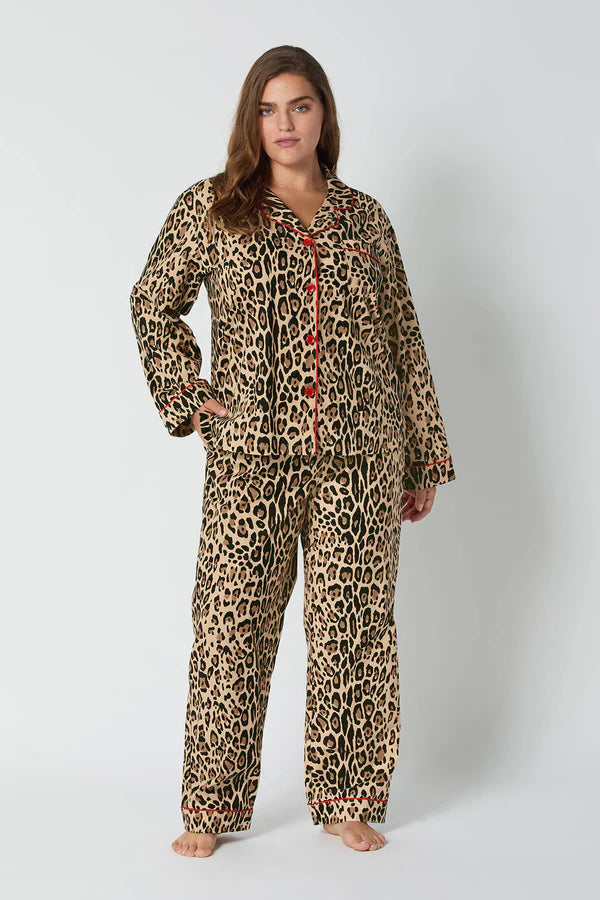 Leopard print long-sleeved shirt and trousers two-piece set