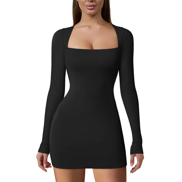 Solid color square neck long sleeve dress
